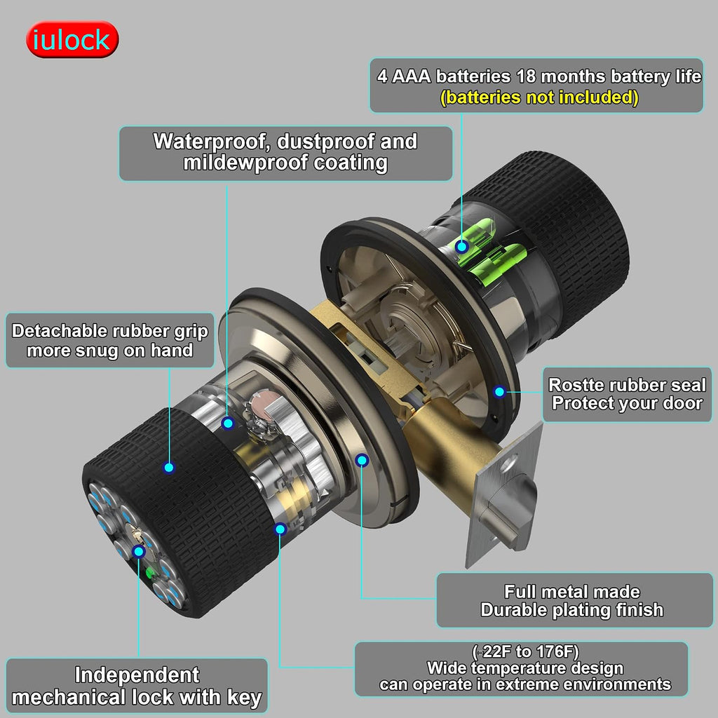 Smart Door Knob with Keypad and Key,Keyless Entry Door Lock with Rubber Grip, Auto Lock,50 User Code,Waterproof, Easy