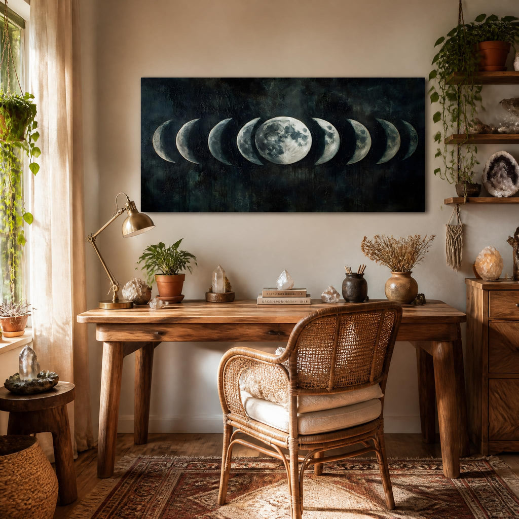 Moon Phase Canvas Wall Art Lunar Cycle Celestial Painting Flat Print Gallery Wrapped Dark Moody Artwork Bedroom