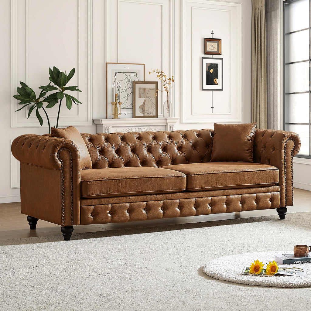 Chesterfield Sofa, 3 Seater High-Tech Fabric Couch with Pillows & Button Tufted Back, Mid Century Modern Couch with