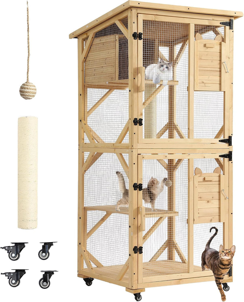 Catio Outdoor Cat Enclosure with Scratcher, Wooden Window Catio