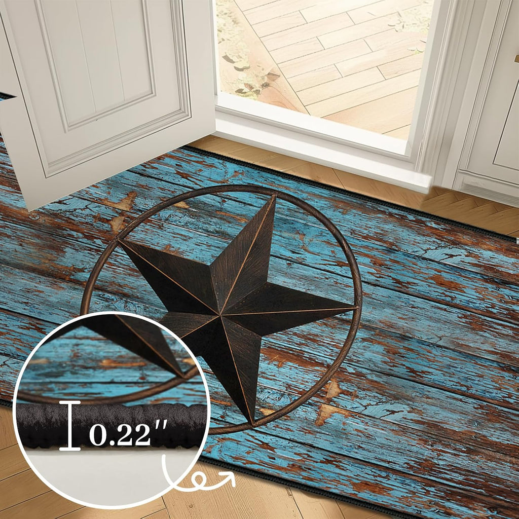 Western Area Rug,Rustic Barn Texas Star on Old Wooden Plank,Ultra-Thin Washable Throw Carpet Teal Rugs Indoor