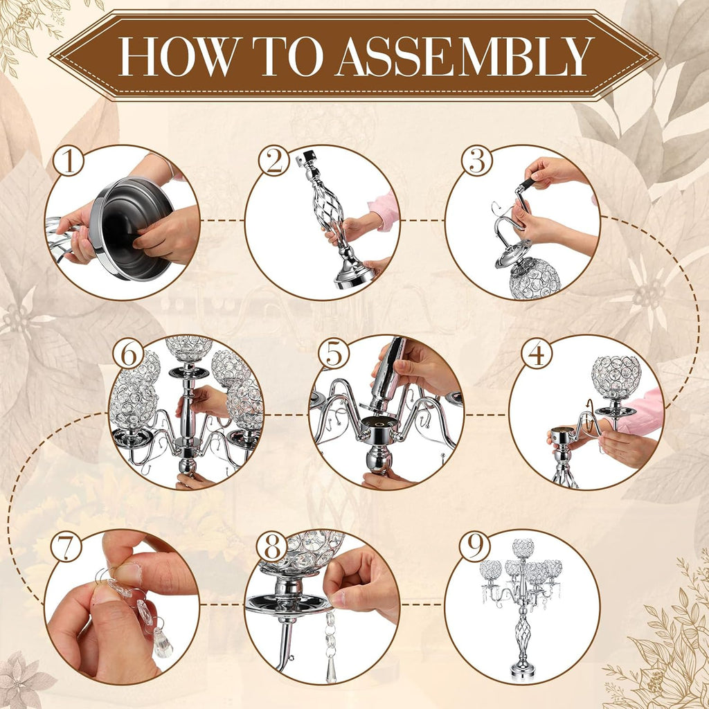 8 Pcs 5 Arm Crystal Candelabra Centerpieces for Table 27 Inch Retro Victorian Crystal Candle Holders Bowl Table