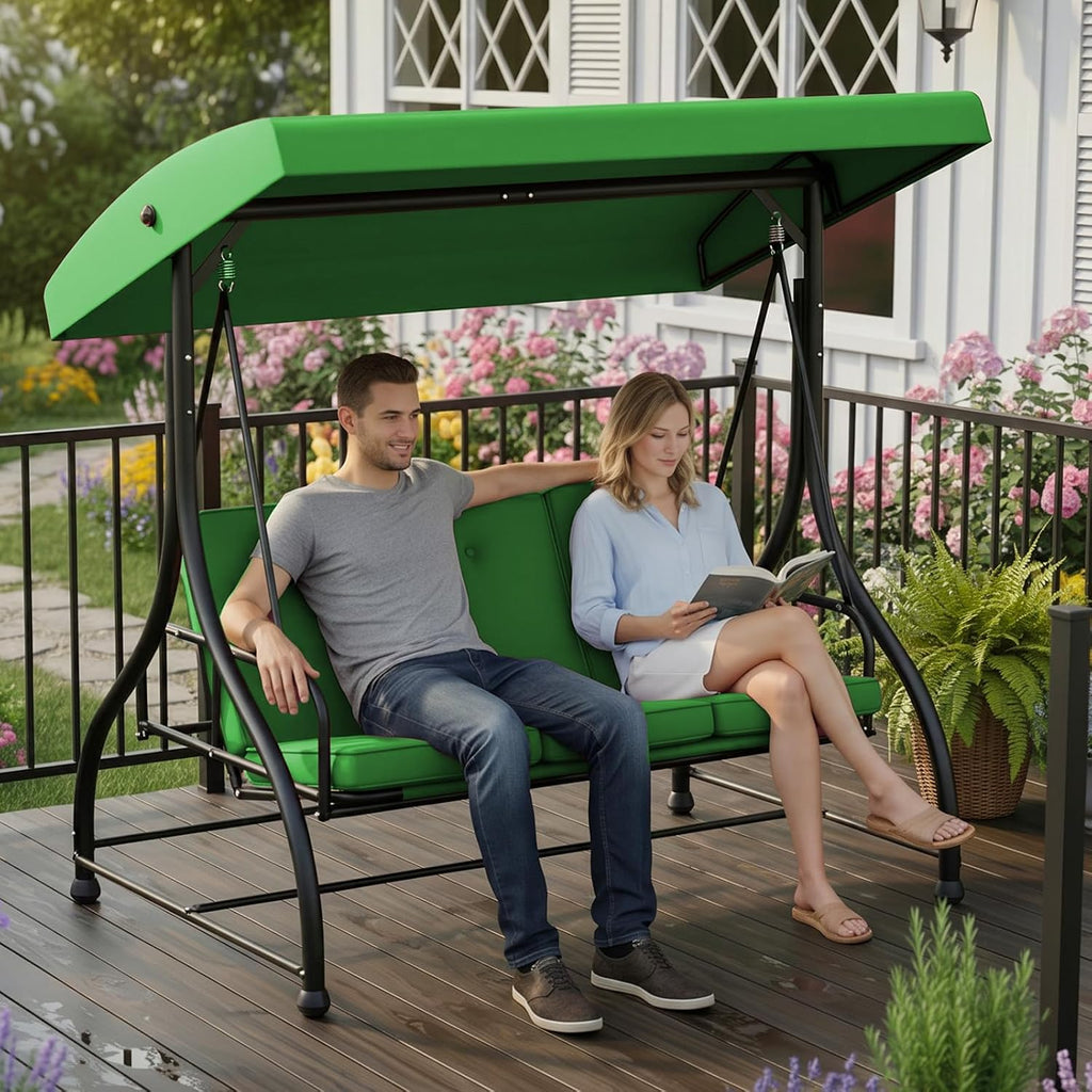 3-Seat Porch Swing with Adjustable Canopy w/Stand, Patio Glider Swings with Removable Cushions, 3 Person Large