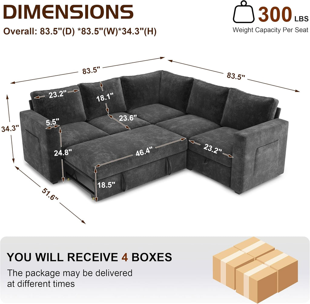 83.5" Sectional Sleeper Sofa with Pull Out Couch, Modern 5 Seat L Shaped Modular Couch