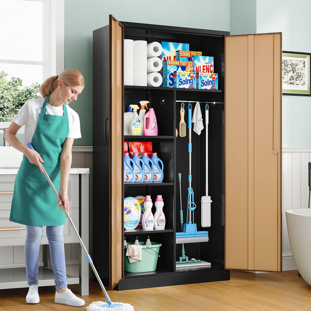 Wide & Deep Metal Storage Cabinet with Hanging Rod, Broom Closet Storage Cabinet with Lock, 72" Tall Wardrobe Cabinets