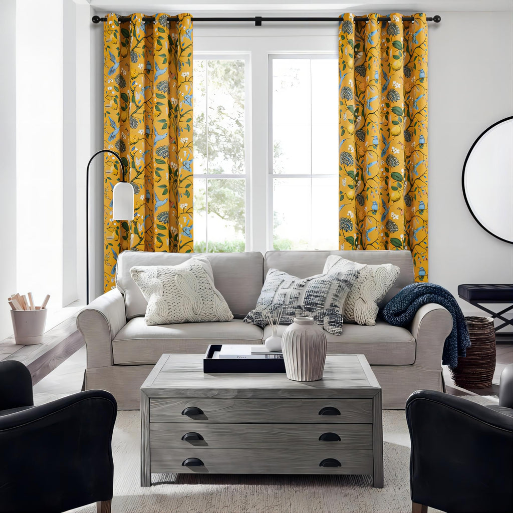 Extra Long 120 Inches Curtains for Large Window Luxury Mustard Yellow Floor To Ceiling Blackout Vintage Floral