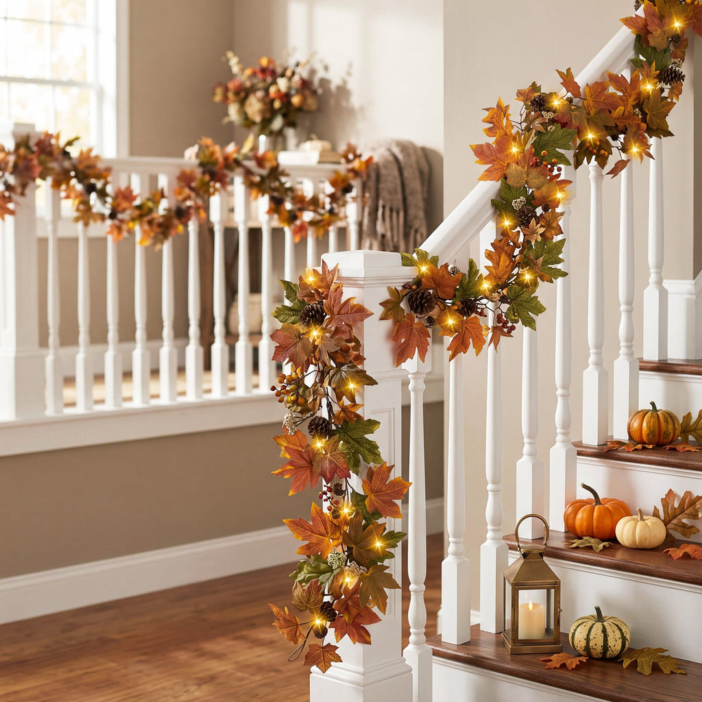 Fall Maple Leaf Garland, 9 Ft Fall Decor Garland with 30 Warm Lights