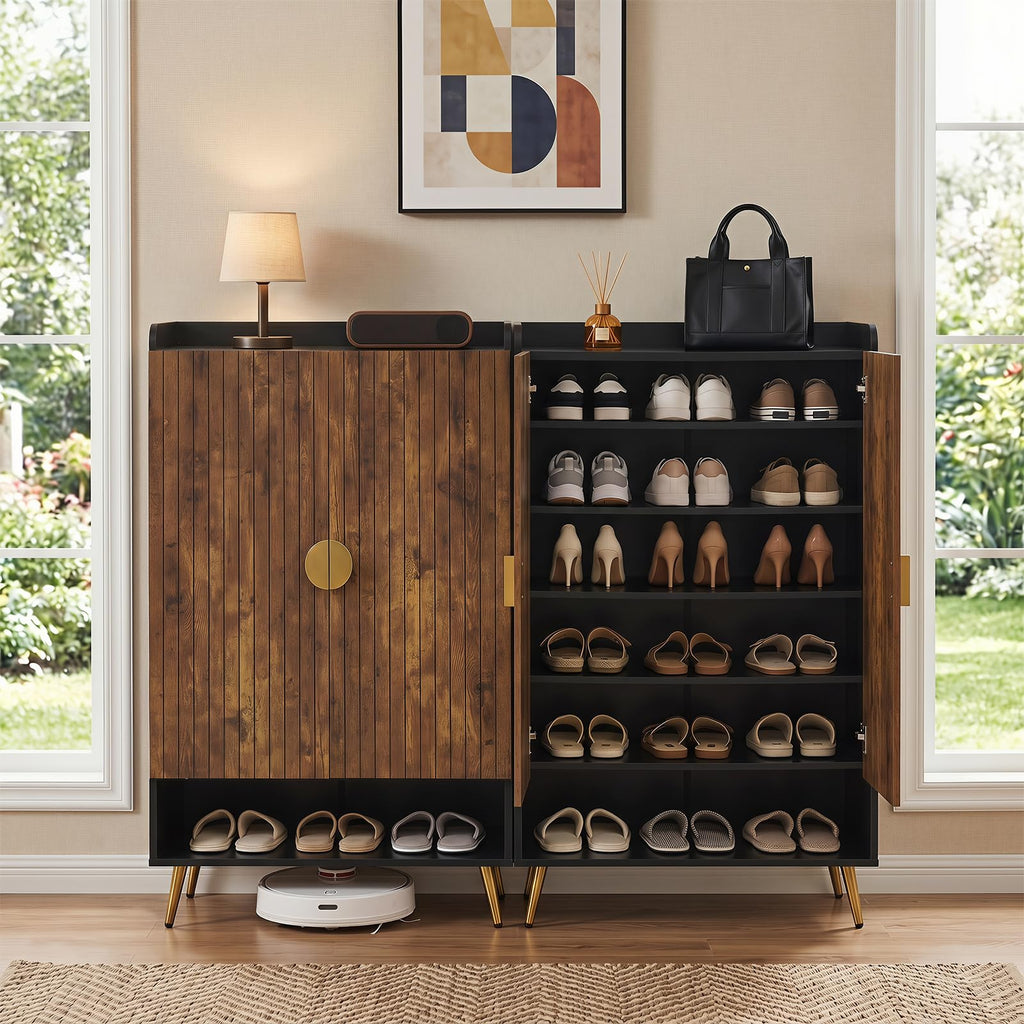 Shoe Storage Cabinet with Doors, Adjustable Shelves, Rustic Brown