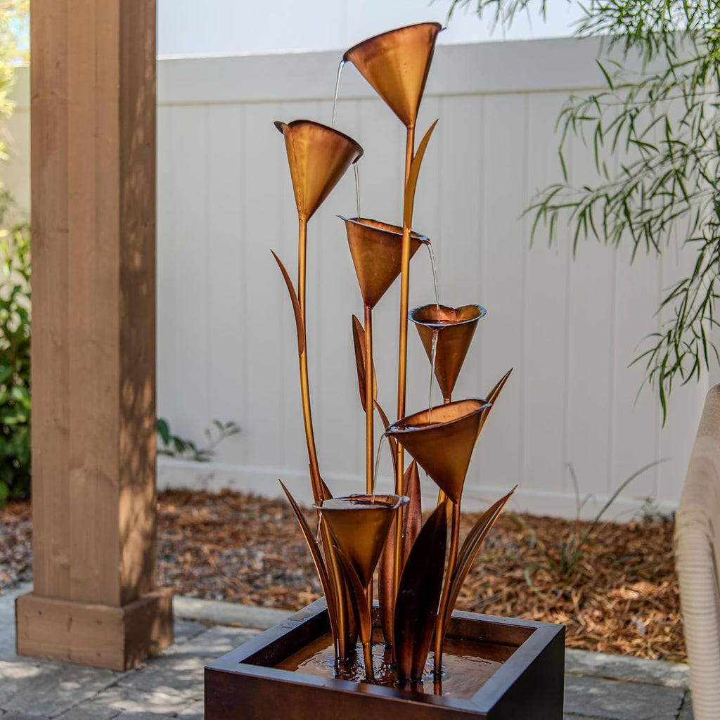 46-Inch Sculptural Metal Multi-Tier Flower Water Fountain, Bronze