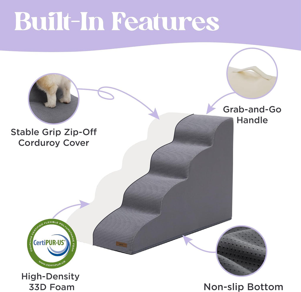 Dog Stairs for Small Dogs, Grey, 4 Step Pet Ramp for Bed and Couch