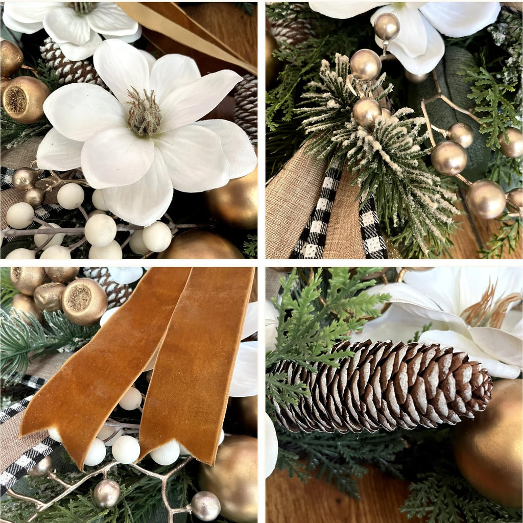 24 inch Farmhouse Christmas Front Door Wreath, Winter Magnolia & Pine