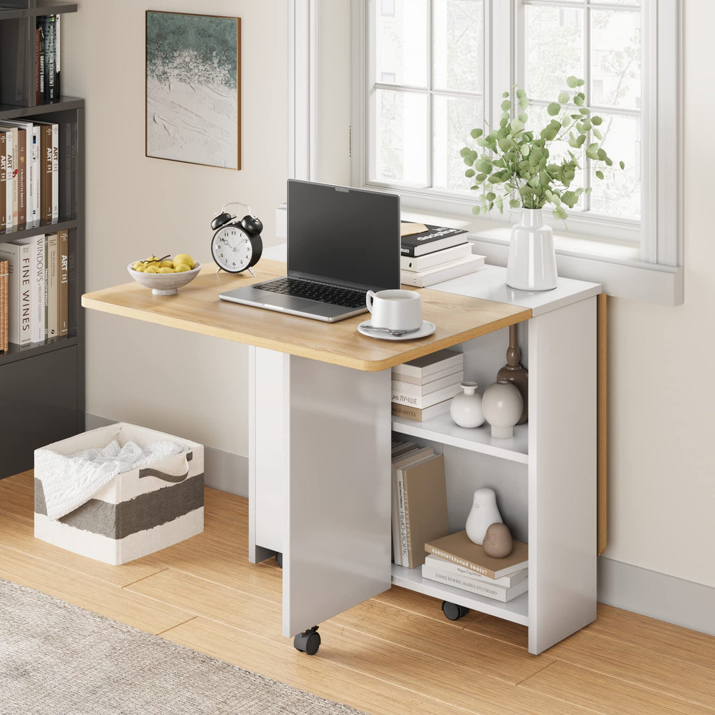 FoldingTable, Drop Leaf Dining Table with 6 Wheels and 2-Layer Storage Shelf, Space Saving Table for Small Spaces