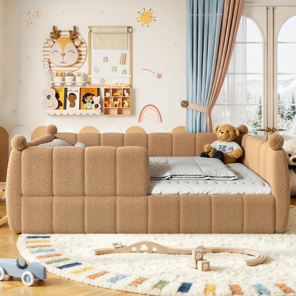 Queen Size Teddy Fleece Upholstered Montessori Floor Bed with Fence,Low Profile Kids Bed Frame with Full Padded