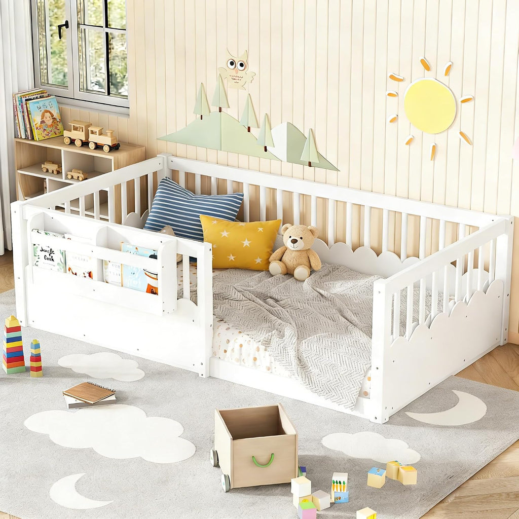 Twin Size Kids Floor Bed with Heightened Fence and Bookshelf, Wooden Twin Montessori Bed Frame for Girls Boys, White