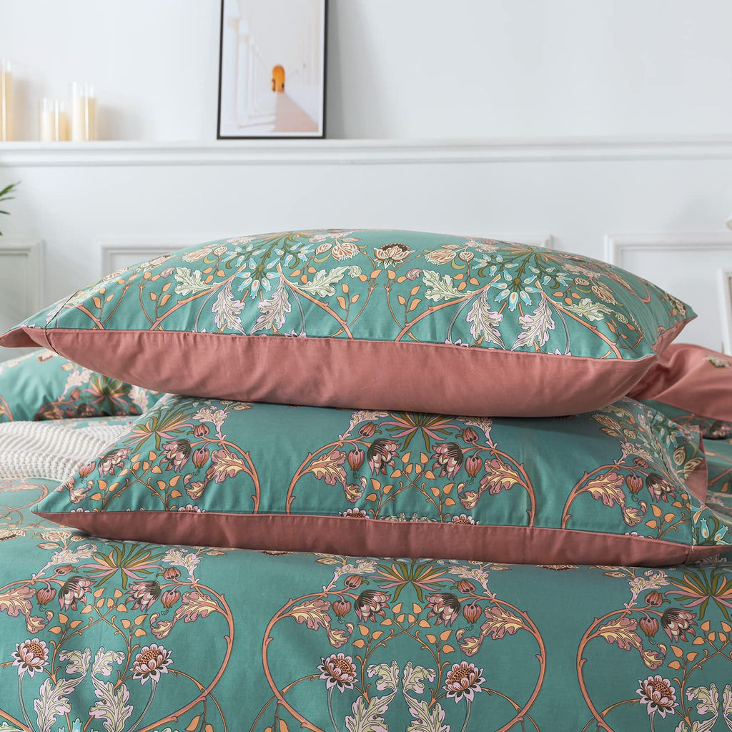 Duvet Cover Set Floral Bedding Button Closure Full Premium 100% Cotton 600 TC Shabby Vintage Reversible Blue Orange