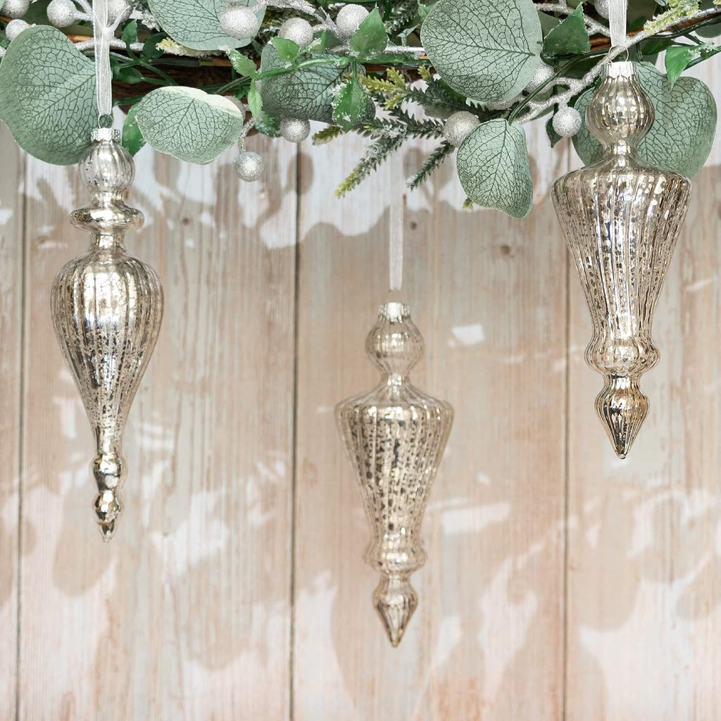 Mercury Glass Finial Christmas Ornaments Set of 4 Champagne Silver Large Hanging Christmas Finials for Xmas Tree