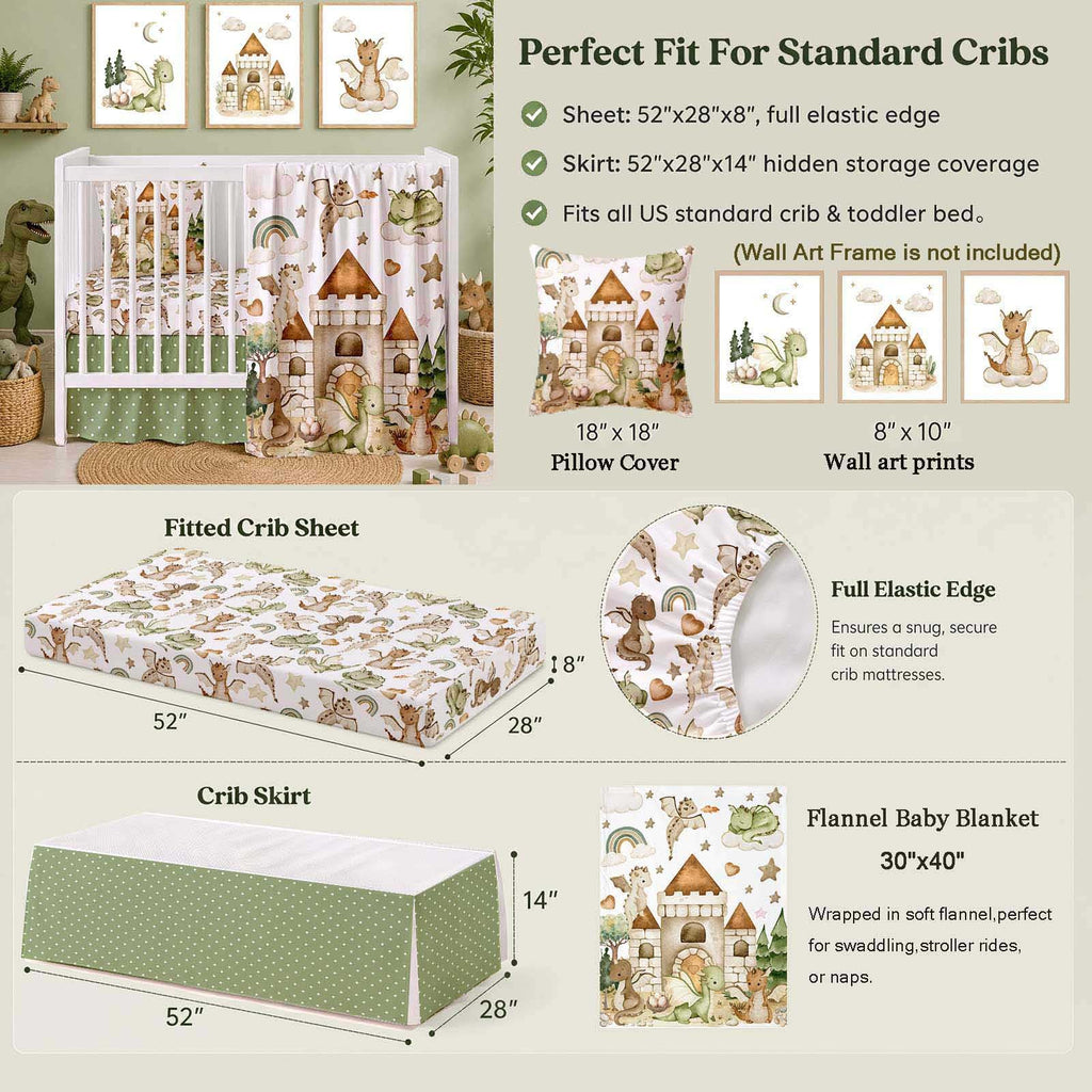 5 Pcs Baby Crib Bedding Set, Dragon Nursery Baby Crib Set