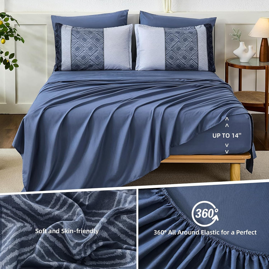 Dinjoy Blue King Comforter Set,Striped Boho Bed in a Bag King 7 Pieces Soft Fall Bedding Comforters Microfiber Mineral