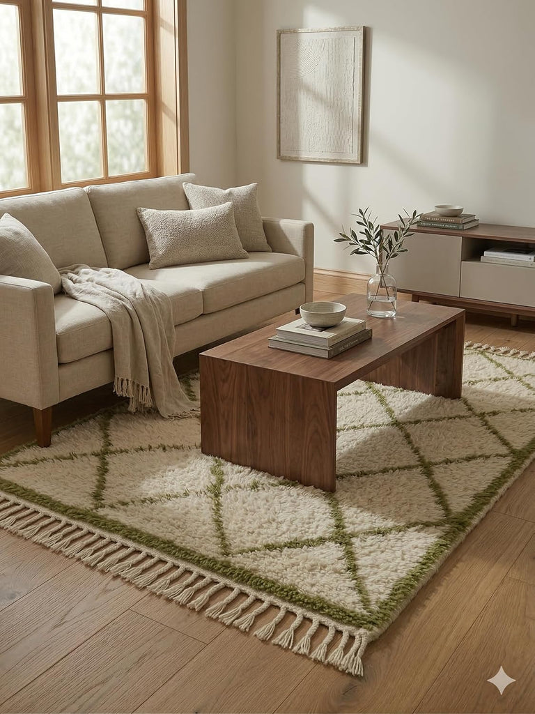 Handmade Moroccan Berber Area Rug 5' x 7', 100% Wool High Pile Shag, Beni Ourain Style, Ivory/Cream with Green
