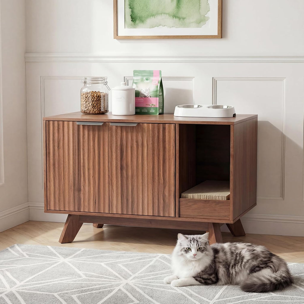 Cat Litter Box Enclosure with Litter Collector, Fluted Hidden Litter Box Furniture with Scratch Pad, 31" Wooden Cat