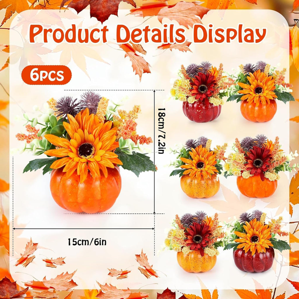 Mini Fall Pumpkin with Artificial Flower Decorations Thanksgiving Sunflower Centerpieces for Tables Harvest - Set of 6