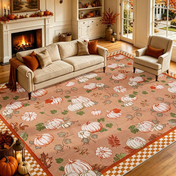 Fall Area Rugs Rug, Thanksgiving-Washable-Rugs-Non Slip Pumpk Rug Low Pile Floor Carpet with Checkered Edge