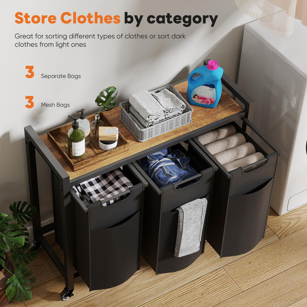 Laundry Hamper Sorter, Rolling Laundry Basket, 3 x 10.6 Gal