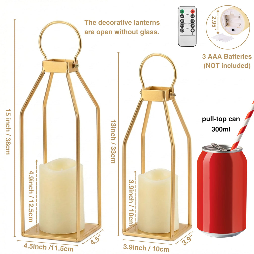 Modern Farmhouse Lantern Decor, 15'' 12.6'' Set of 2 Gold Metal Lanterns, 2 LED 6hr Timer Flameless Candles & Remote