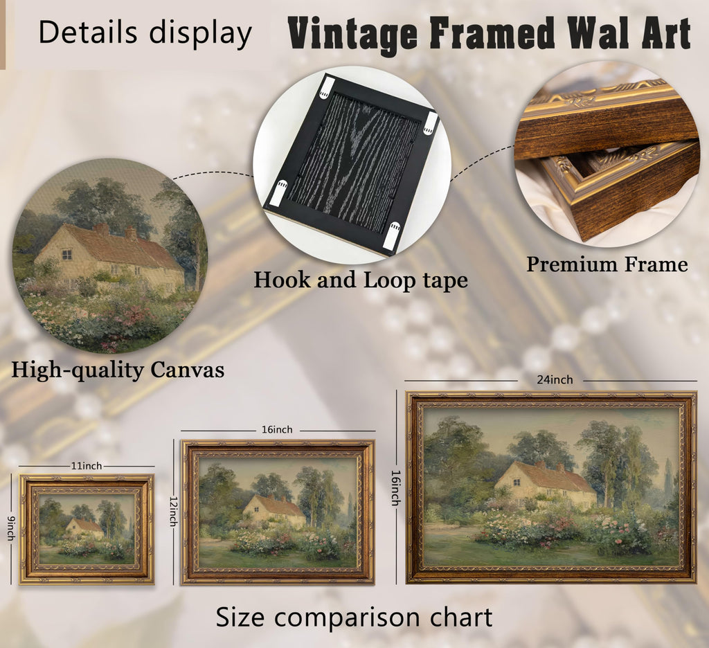 Vintage Carved Gold Frame Canvas Wall Art Classical Nature Landscape Painting Picture Wall Decor Rustic Cottage