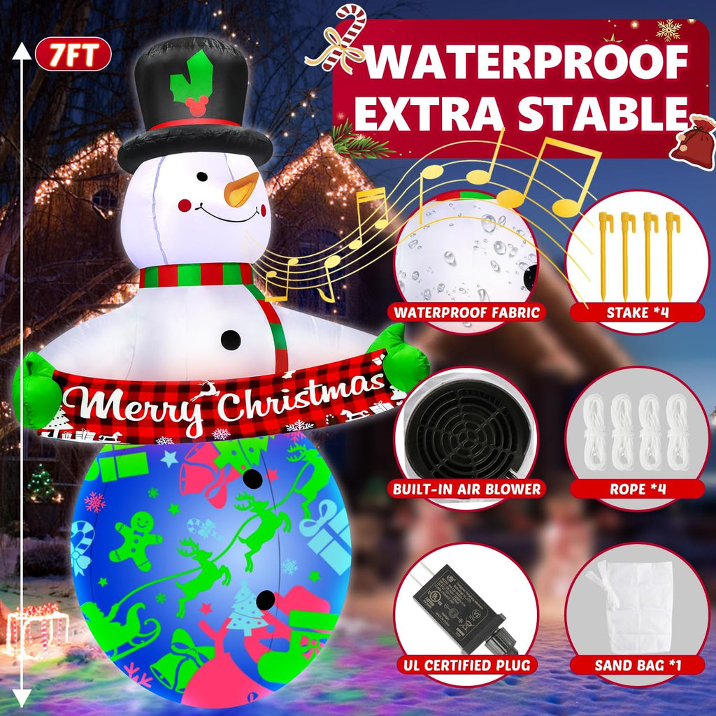 7FT Christmas Inflatables Decorations with Built-in Music & 360° Rotation Colorful Projector LED Light Snowman