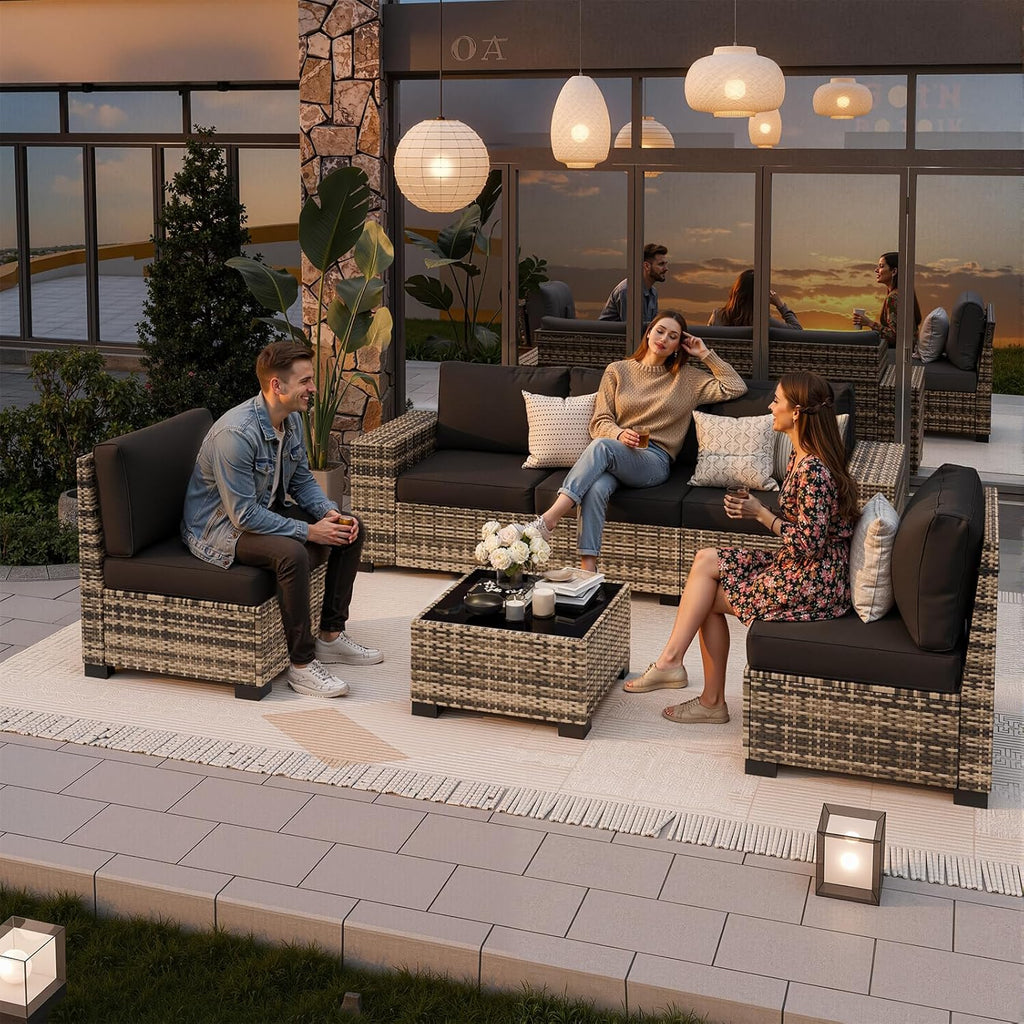 Patio Furniture Set, 6 Piece Outdoor Sectional Sofa with Thick Cushions | Wicker Rattan Wide Armrest Patio Sectional