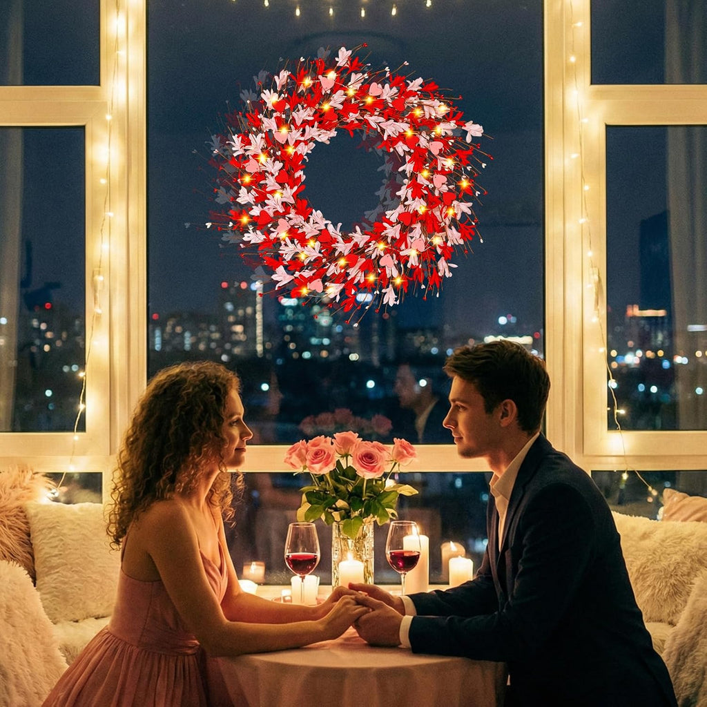Valentines Day Decorations - 20 Inch Valentines Wreath, Artificial Lighted Pink Forsythia Wreath with Hearts Berries