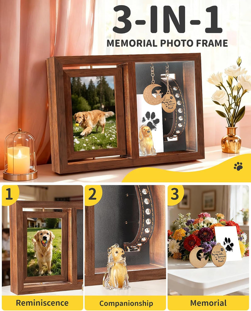 Dog & Cat 3-in-1 Memorial Wooden Picture Frame Set, Lost Pet Sympathy Gifts with 360° Rotation Wooden Picture Frame