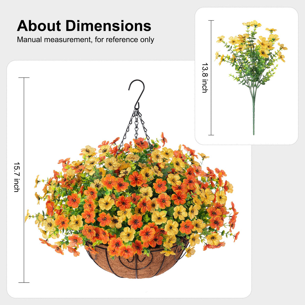 Artificial Fake Hanging Mums Plants Flowers Basket for Fall Autumn Outdoor Decor, Faux Silk Orange Dasiy Flower Look
