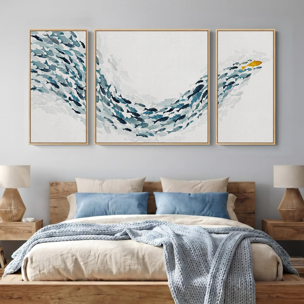 Extra Large 3 Piece Framed Blue White Coastal Fish Wall Art