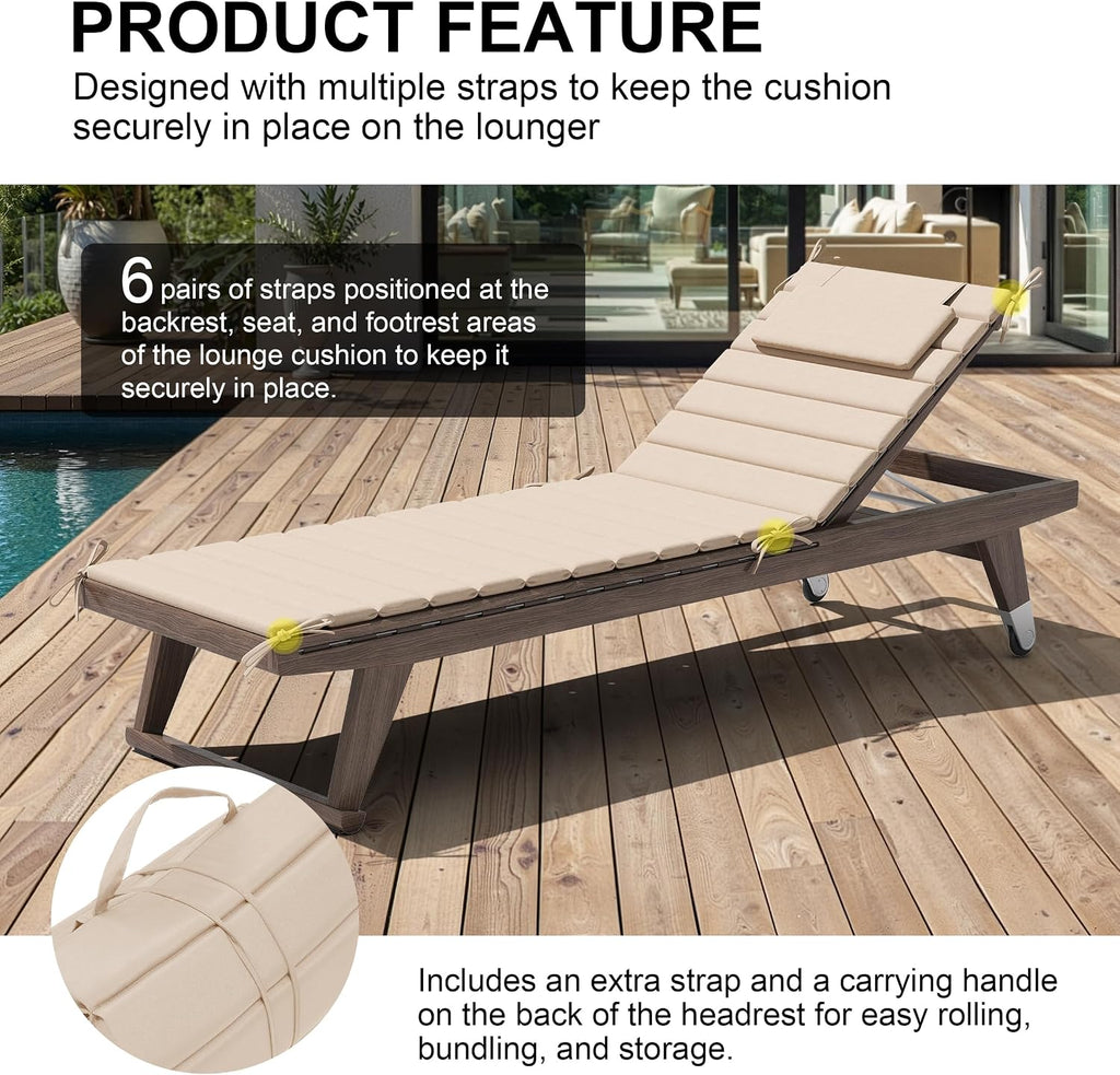 Foldable Chaise Lounge Cushions Outdoor with Headrest, 71"x21" | 2pcs Lightweight Pool Lounge Chair Cushions, Water