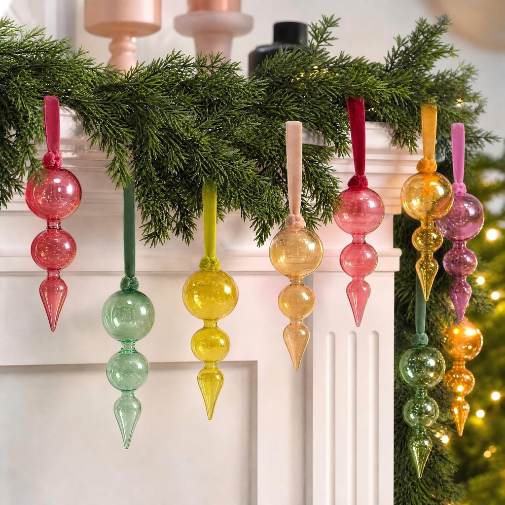 9 Pcs Hand Blown Glass Finial Christmas Ornaments, Iridescent
