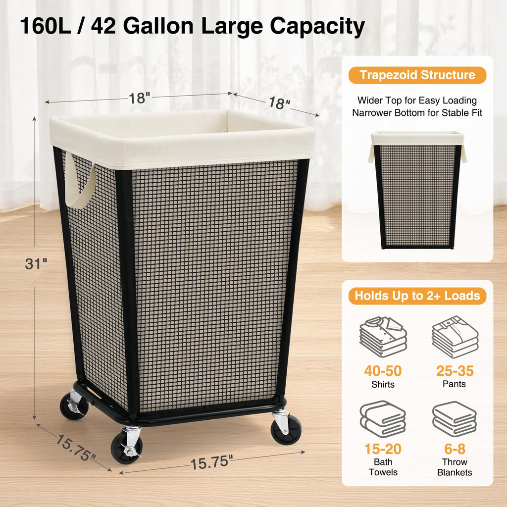 160L Rolling Laundry Hamper with Wheels, Laundry Basket, Beige