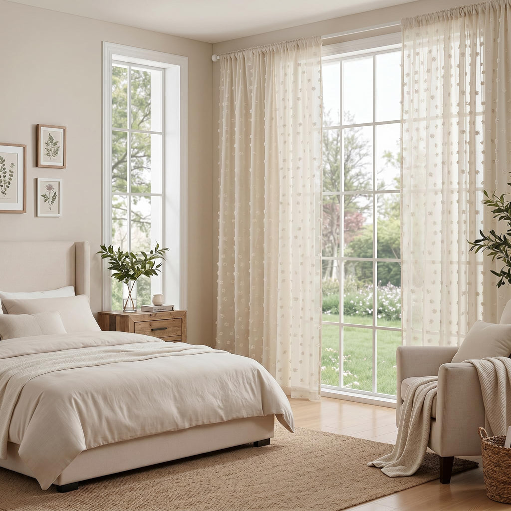 Beige Boho Sheer Curtains with Cream Pom Pom 36Wx63L, 2 Panels