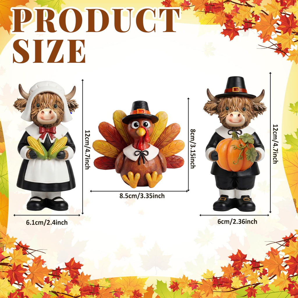 3 Pcs Thanksgiving Highland Cow Figurines, Resin Table Decor