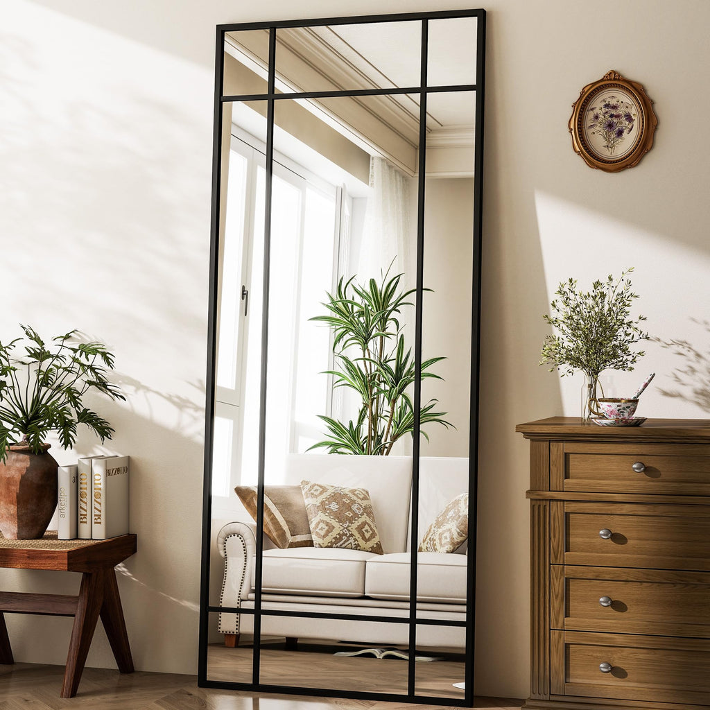 Windowpane Full Length Mirror, 71"x30" Floor Mirror, Black
