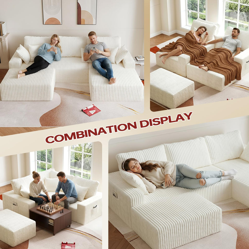 108" U-Shape Modular Sectional Cloud Cream Couch with Ottoman, Deep Seat Boneless Couch with Oversized Chaise Lounge