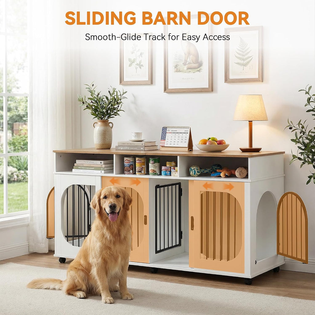 71" Double Dog Crate Furniture for with Divider for 2 Dogs