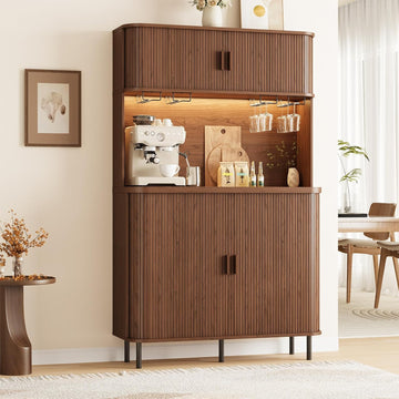 71" Tall Fluted Wine Bar Cabinet with Storage Walnut | Liquor Cabinet, Coffee Bar Cabinet, Large Home Bar, with LED