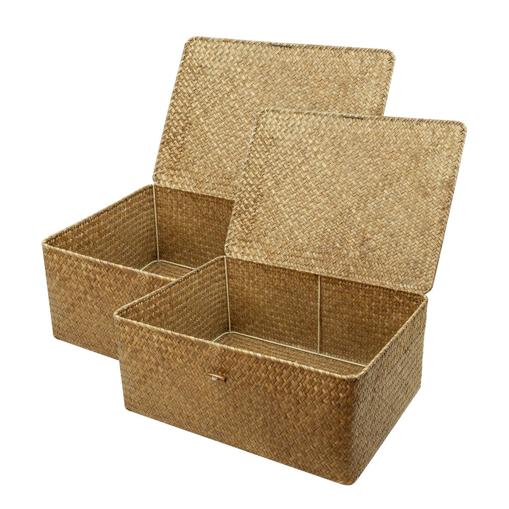 Shelf Storage Baskets with Lid, 2-Pack Wicker Storage Bakset, Woven Seagrass Decorative Boxes Storage Basket, Coffee