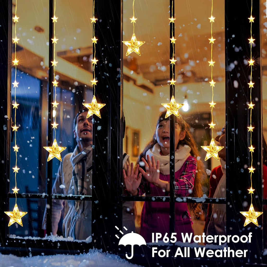 46 Stars Curtain Lights, Battery Operated Christmas Star Window Lights - Warm White with Timer & Memory Function & 8