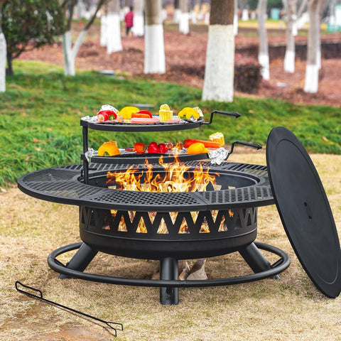 47 Inch Fire Pit with 2 Grills, Outdoor Extra Large Fire Pit for Outside