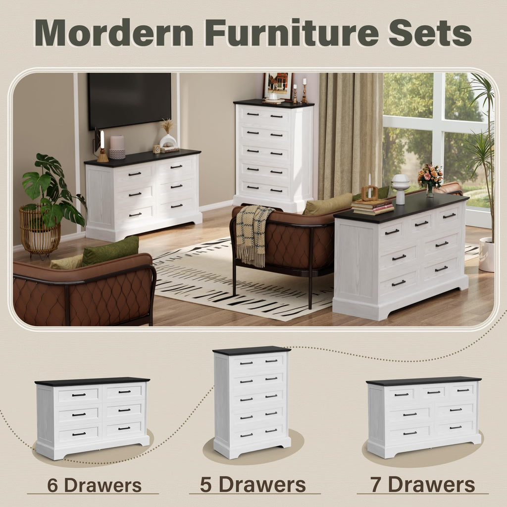 Farmhouse 6 Drawers Dressers, White and Black