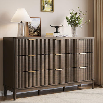 Fluted 9 Drawer Dresser, 58" Wide Mid-Century Modern Tall Chest of Drawers, Deep Storage Dresser with Curved Corner