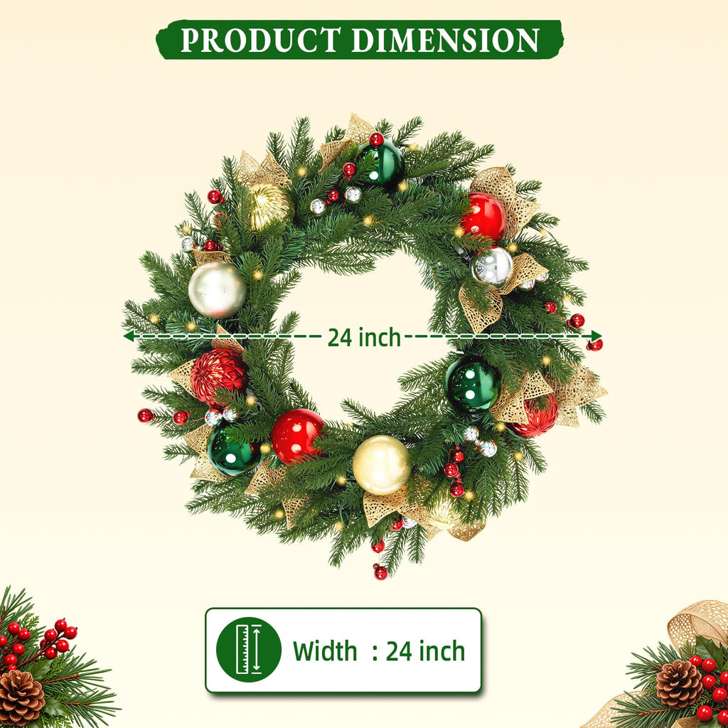 24 Inch Pre-Lit Christmas Wreath with 30 Warm White LED Lights and Timer, Battery Operated Artificial PE & PVC Wreath